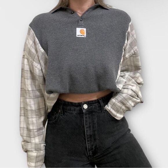Carhartt Gray Reworked Sweater Loose Knit Casual Cozy Relaxed Flannel Shirt Top - Picture 1 of 2